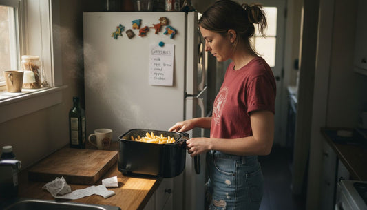 Woman opening air fryer in home kitchen