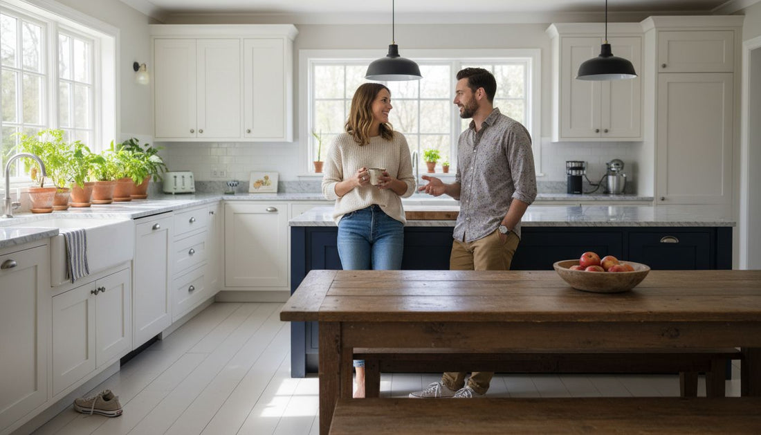 Stylish kitchen with couple and everyday decor
