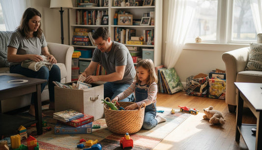 Family sorting storage in cluttered living room