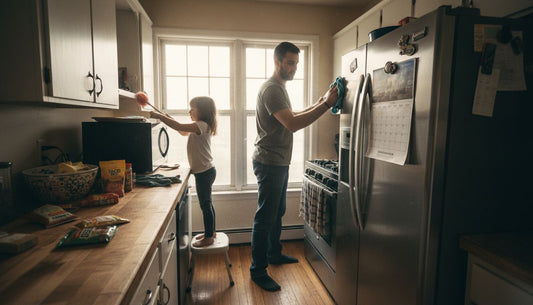 Family cleaning kitchen appliances together