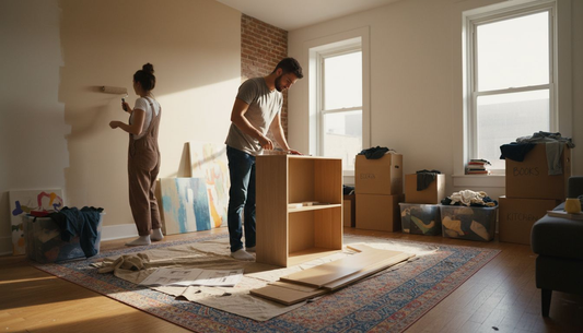 Urban couple painting and assembling in small apartment