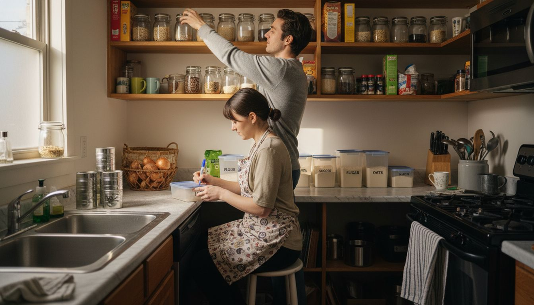 Couple organizing urban kitchen pantry shelves