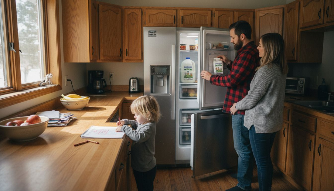 Family using inverter fridge in real kitchen