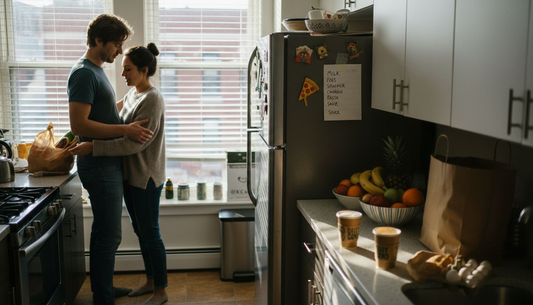 Couple unpacking groceries by fridge