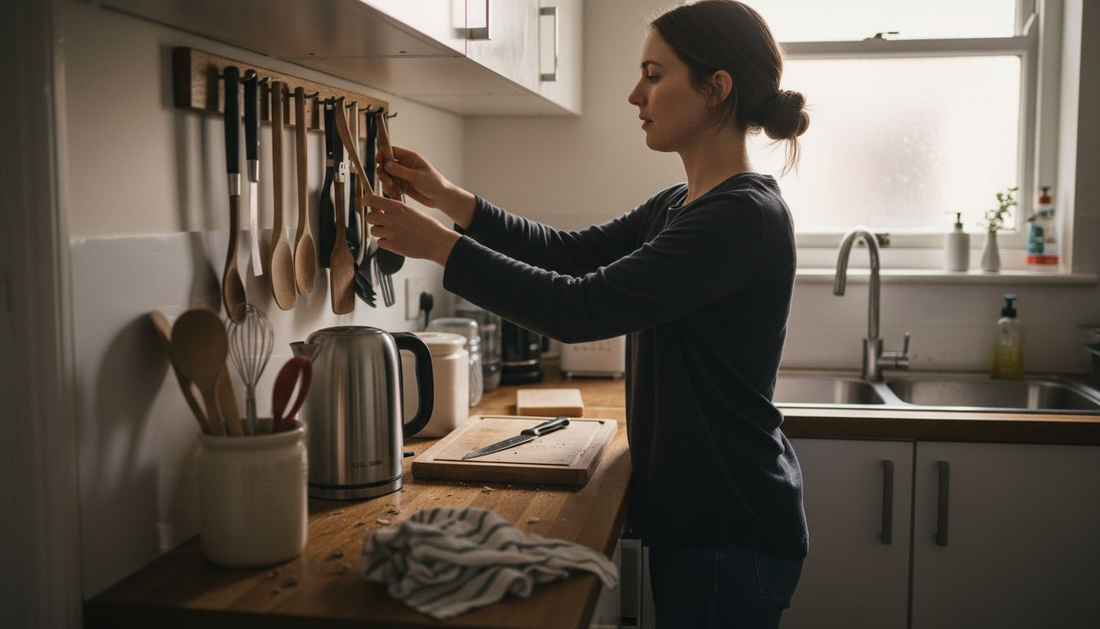 Woman organizing utensils in small kitchen