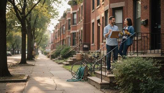Couple with tools at urban townhouse steps