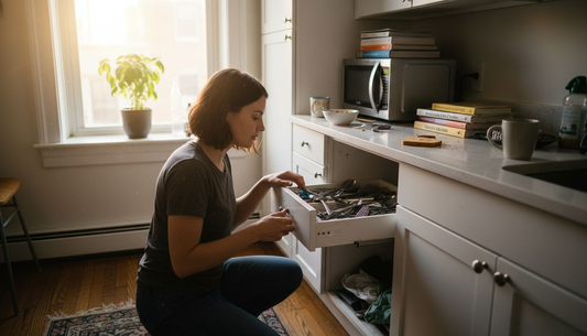 Young woman organizing small apartment kitchen
