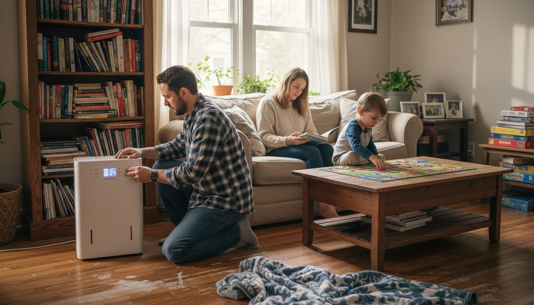 Family using dehumidifier in living room