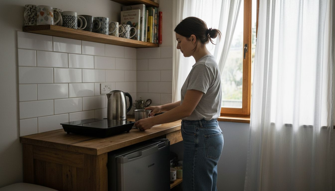 Woman organizing compact kitchen appliances