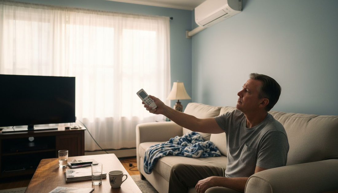 Man using split AC in city apartment