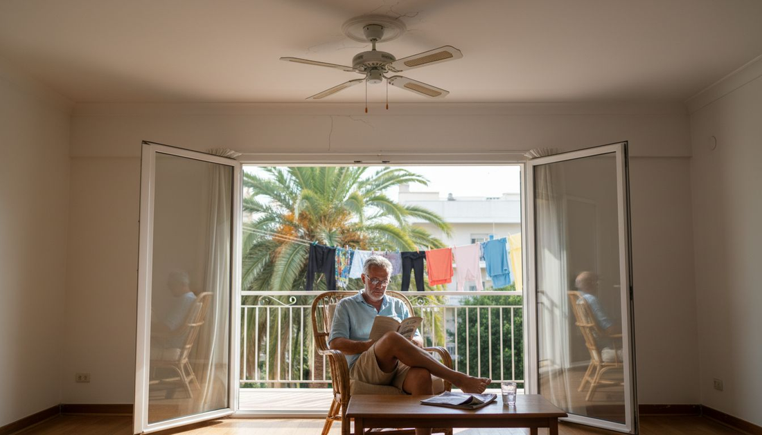 Man relaxing under ceiling fan in tropical room