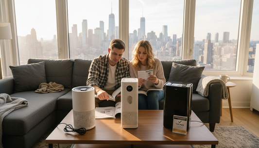 Couple comparing air purifiers in urban apartment