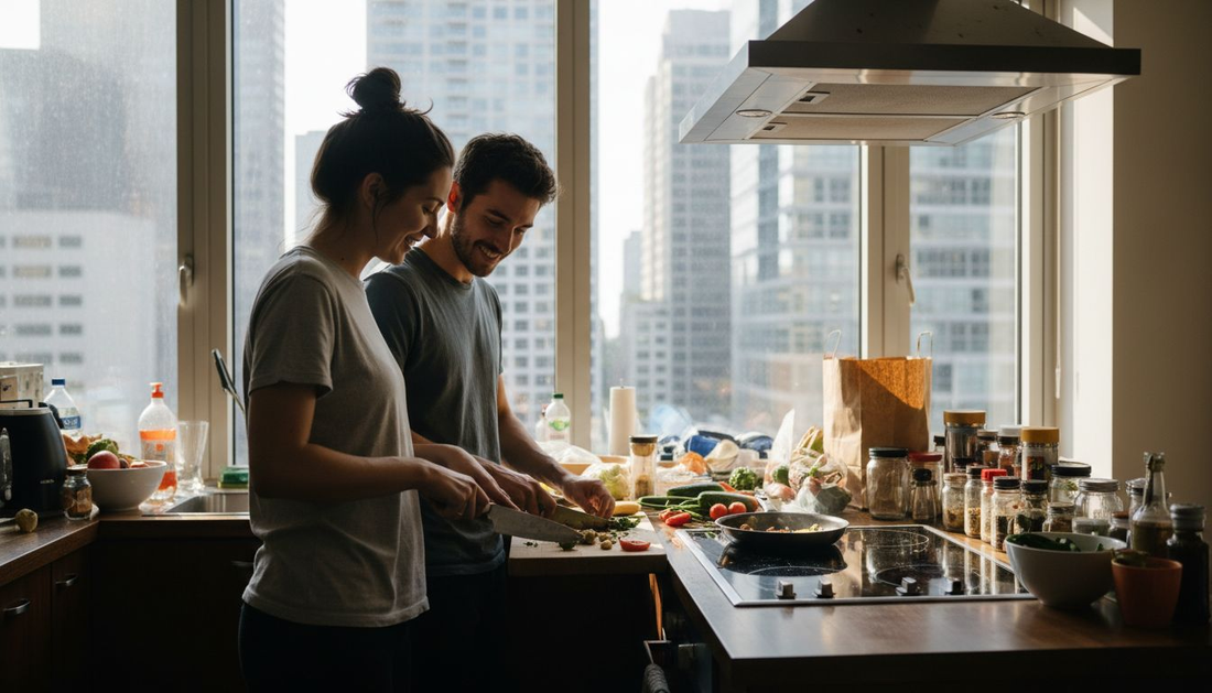 Couple using kitchen exhaust fan city view