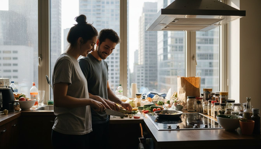 Couple using kitchen exhaust fan city view