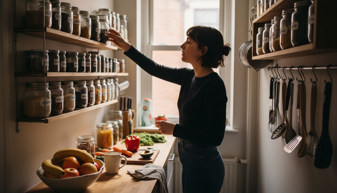 Organized small apartment kitchen with wall racks