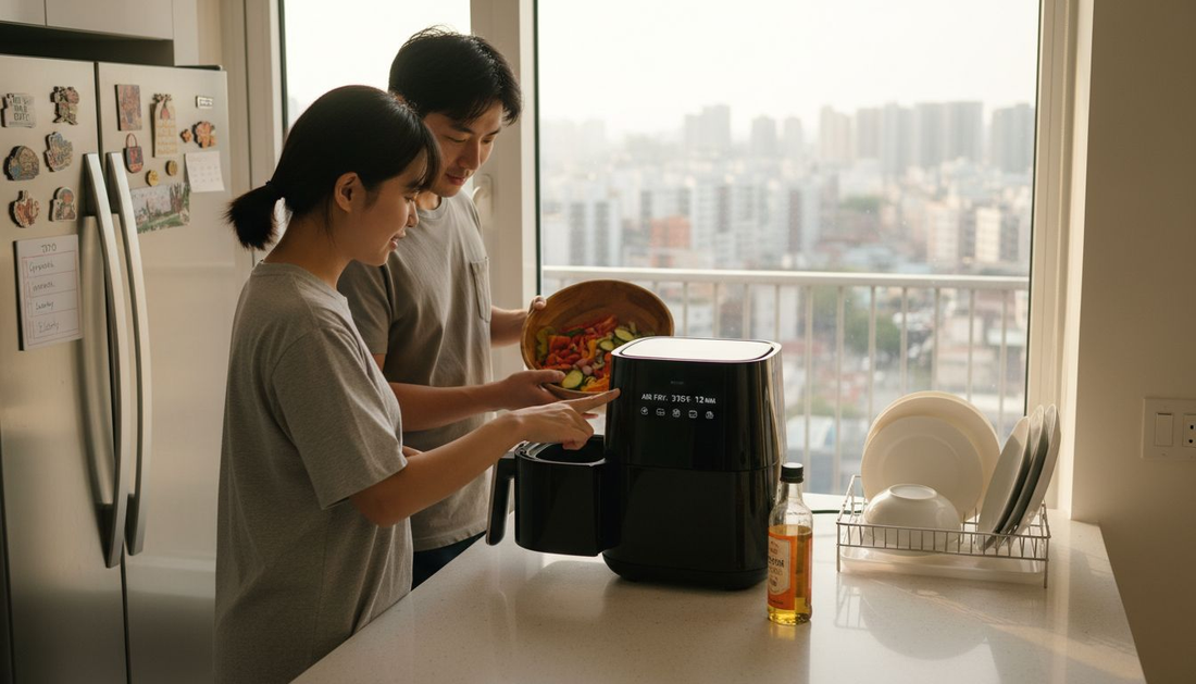 Couple using air fryer in bright urban kitchen