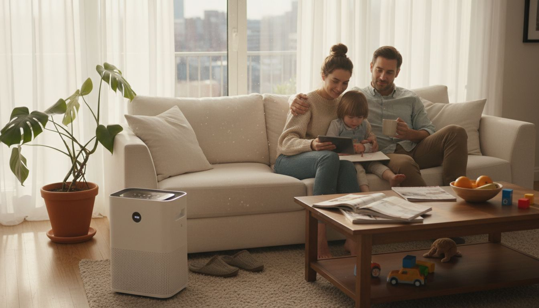 Family relaxing in living room with air purifier