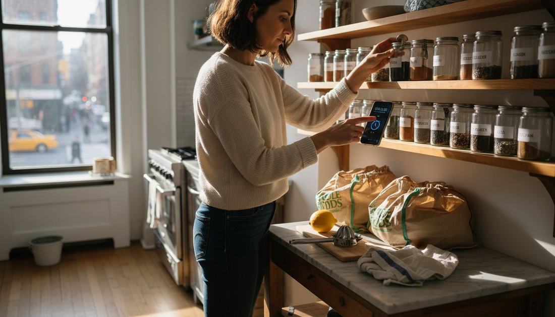 Woman organizing spice jars in small urban kitchen