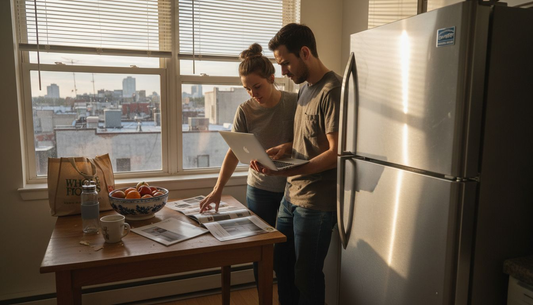 Couple compares appliances in city kitchen