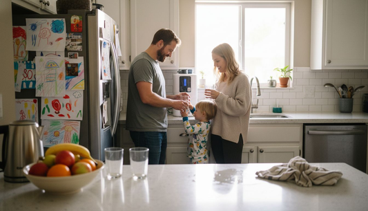 Family filling glasses at home water purifier in kitchen