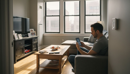 Father reviewing smart home security devices