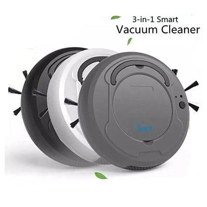 Automatic 3-in-1 robot vacuum cleaner on hardwood floor"

"Wireless robot vacuum sweeping under a sofa"

"Smart robot vacuum with mop and sweep function"

"Compact robot vacuum cleaning pet hair from carpet"

"Robot vacuum cleaner with dustbin and water tank"

"Self-charging 3-in-1 robot vacuum returning to dock"

Robot vacuum navigating around furniture"